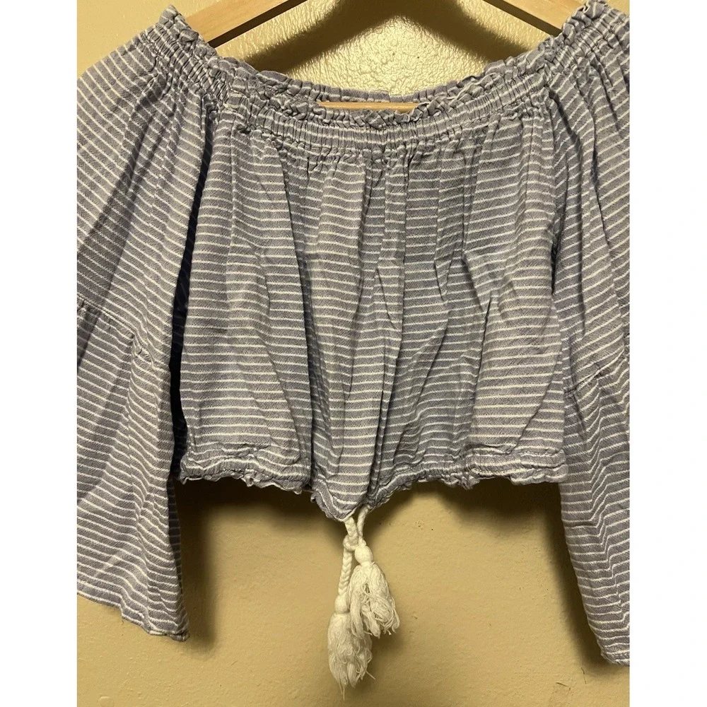 Olympic Gregory Grigoropoulos Blue White Stripe Crop‎ Peasant Blouse Top Greece